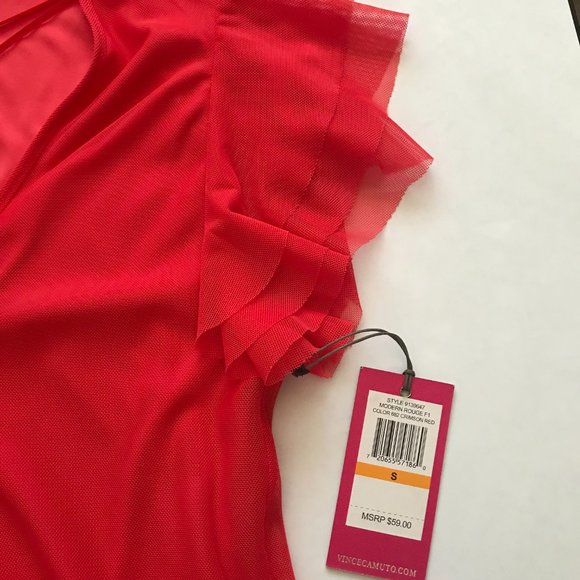 Vince Camuto Flutter Cap Sleeve Mesh Overlay Bright Coral V-Neck Top NWT Small - Picture 7 of 10